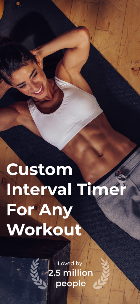 Exercise Timer: Interval Timer - Woman performing core exercises on a mat with text reading Custom Interval Timer For Any Workout