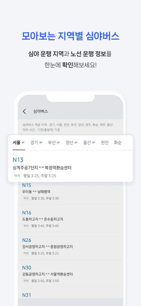 Mobile screen showing a list of night bus routes and schedules for various regions in South Korea within the National Smart Bus app