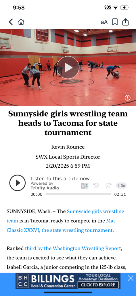 SWX Local Sports - News article on the SWX Local Sports app covering the Sunnyside girls wrestling team state tournament