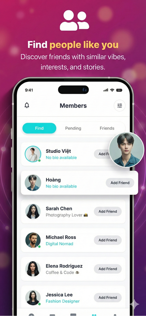 Lonely - Chat with Strangers - Interface of the Lonely app showing a list of potential friends to connect with based on shared interests like photography and digital nomadism