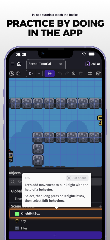 GDevelop - Create & Play Games - An in-app tutorial showing how to add movement behaviors to game objects in the GDevelop mobile editor.