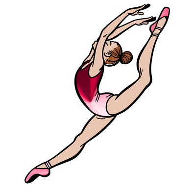 gymnast doing a leap in a leotard with a bent back leg