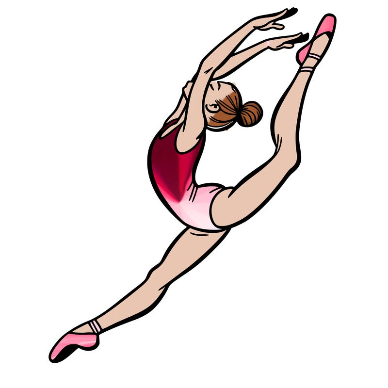 gymnast doing a leap in a leotard with a bent back leg