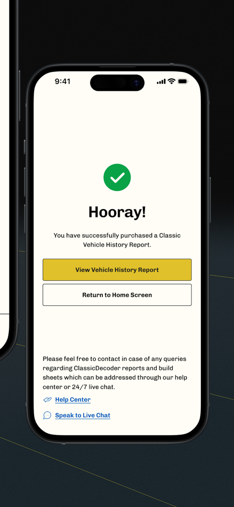Confirmation screen showing successful purchase of a classic vehicle history report with a button to view the report.