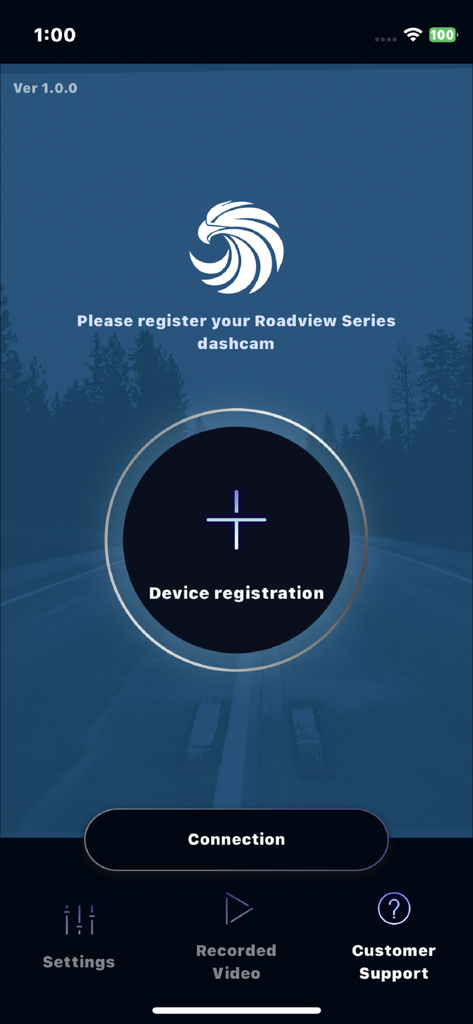 ROADVIEW - Roadview dash cam app home screen with device registration button