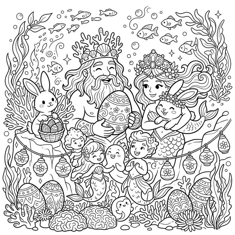 Embark on a unique Easter journey beneath the waves with our charming coloring page featuring benevolent sea gods, enchanting mermaids, and playful Easter bunnies. Discover a world where mythical marine life celebrates the spring holiday with decorated eggs and coral reef festivities.