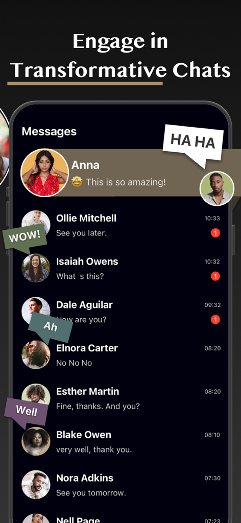 Whisper Muse Mind - Una pantalla de smartphone que muestra la interfaz de la lista de mensajes de la aplicación Whisper Muse Mind con el encabezado Participa en Chats Transformadores.