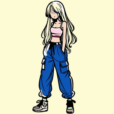 girl in baggy pants crop top and long hair