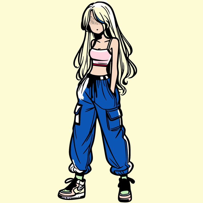 girl in baggy pants crop top and long hair