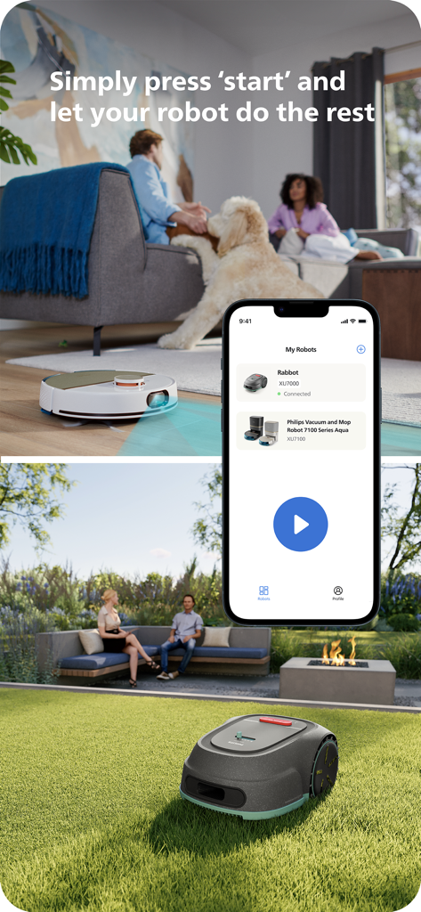 Philips HomeRun Robot App - Philips HomeRun app interface showing remote control for robot vacuum and lawn mower