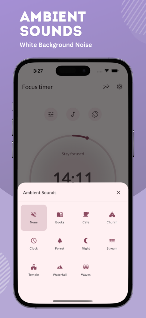 Pomodoro Focus Timer Pro - CafeやForestなどのホワイトノイズオプションを示すPomodoro Focus Timer Proのアンビエントサウンド選択インターフェース。