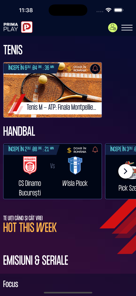 Prima Play mobile app dashboard showing live sports categories for tennis and handball