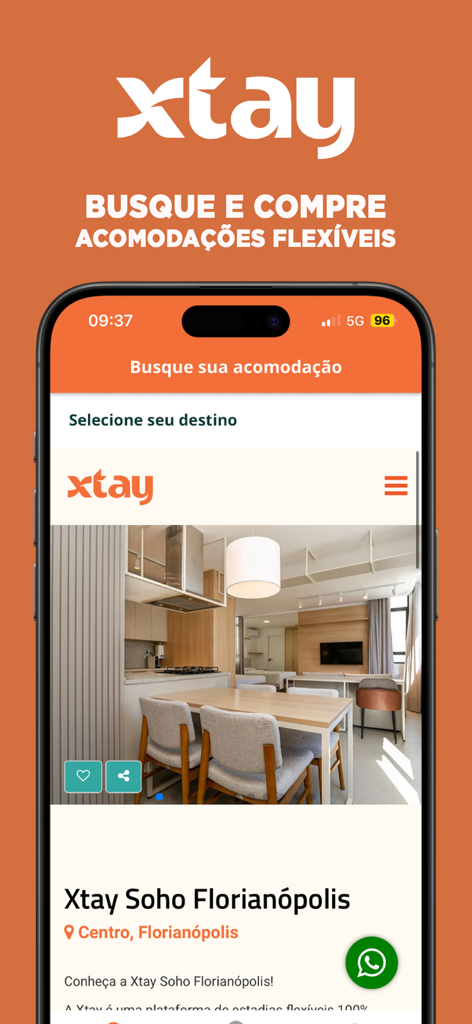 Xtay: Estadias Inteligentes - Xtay app interface showing a modern apartment listing for flexible stays