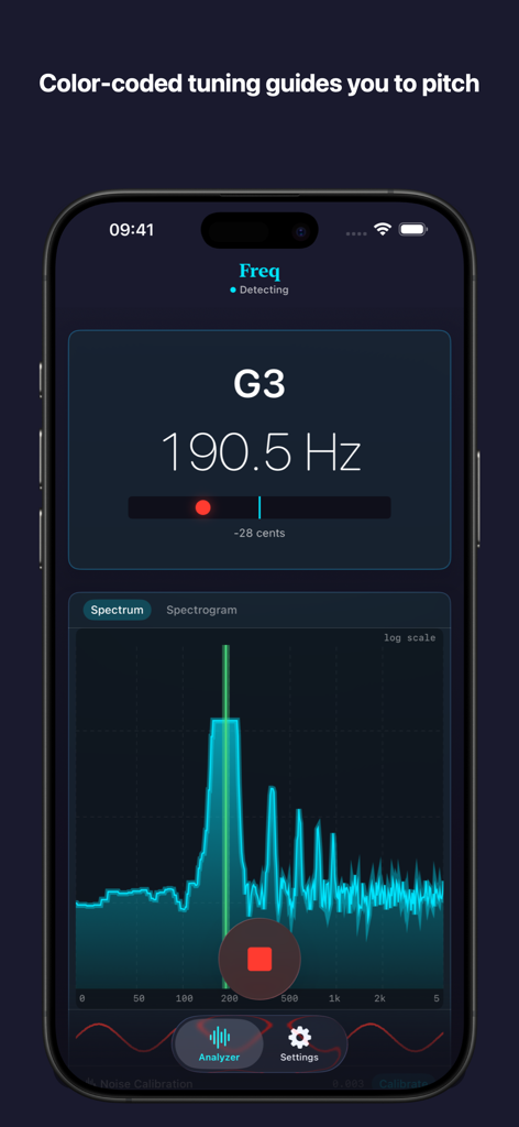 Freq app interface displaying a pitch tuner for note G3 and a live frequency spectrum graph.