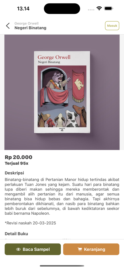 Baca Kakatua - Book detail view of Negeri Binatang by George Orwell in Baca Kakatua app