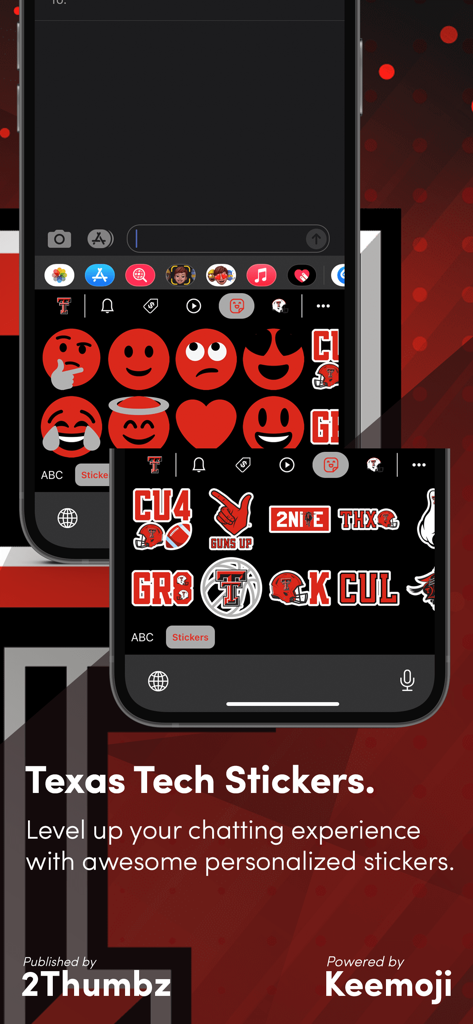 Texas Tech Official Keyboard - A mobile phone screen showcasing Texas Tech themed stickers and red emojis within the official university keyboard app.