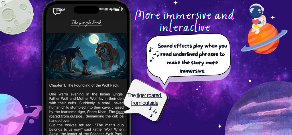 Bedtime AI Story Creator. - Smartphone screen showing RocketTales app featuring interactive sound effects during bedtime stories