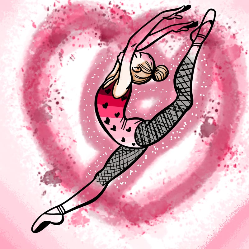 gymnast doing a leap in a leotard with a bent back leg