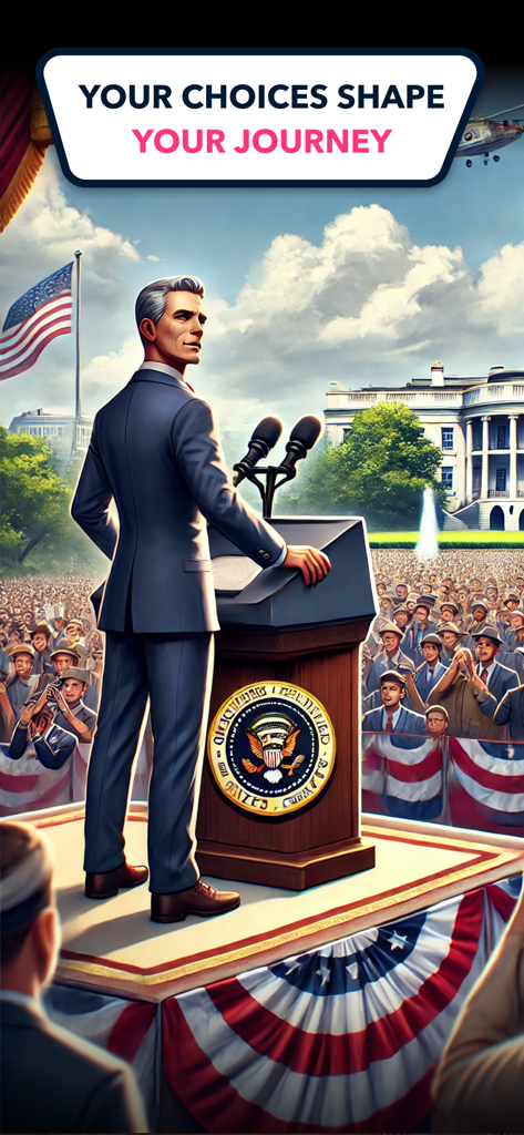 A successful tycoon character speaking from a presidential podium in front of the White House and a cheering crowd.