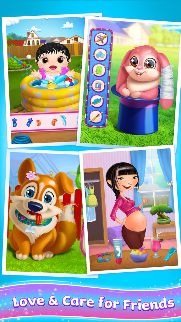 Game Islands - Play All Day - Four gameplay scenes showing players caring for a baby in a pool a bunny in a hat a cute dog and a pregnant character