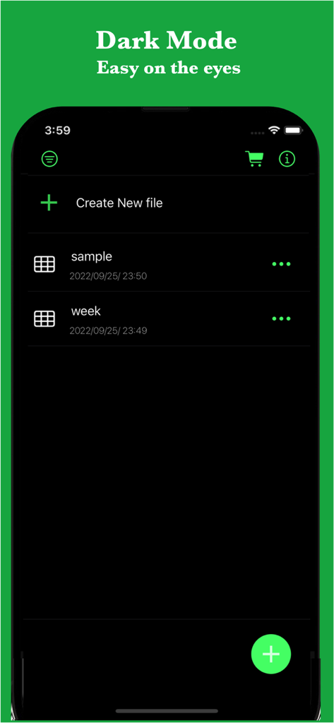 # Simple Table - Note as table - Interface of the Simple Table app in dark mode showing a list of organized table notes