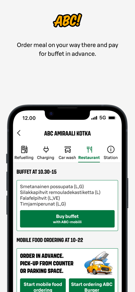 ABC-mobile app interface for pre-ordering meals and paying for buffet service in advance.
