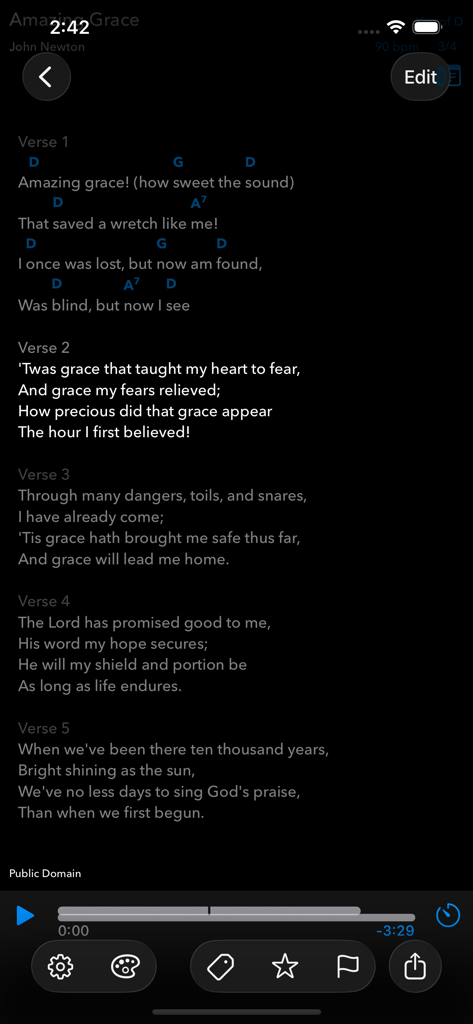 SongSheet Pro School Edition - Aplicación SongSheet Pro que muestra acordes y letras de la canción Amazing Grace con controles de reproducción de audio.