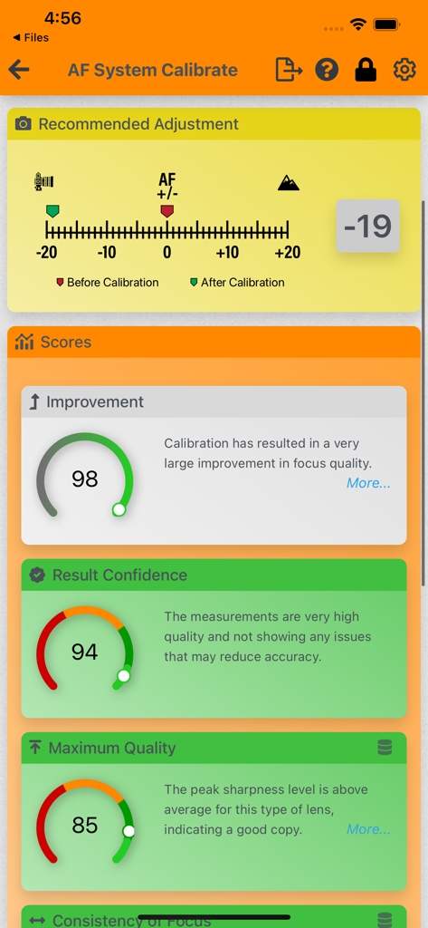 Aplicación FoCal Mobile que muestra los resultados de calibración del sistema de AF con una alta puntuación de mejora del enfoque de 98