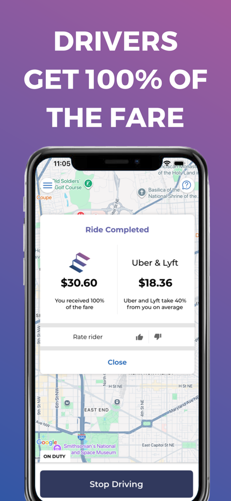 Empower Driver - Screenshot of Empower Driver app comparing earnings showing drivers keep 100 percent of the fare vs competitors