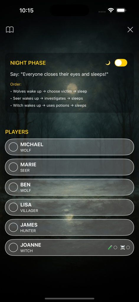 WOLF - Party Game - WOLF party game night phase screen showing player roles and moderator instructions