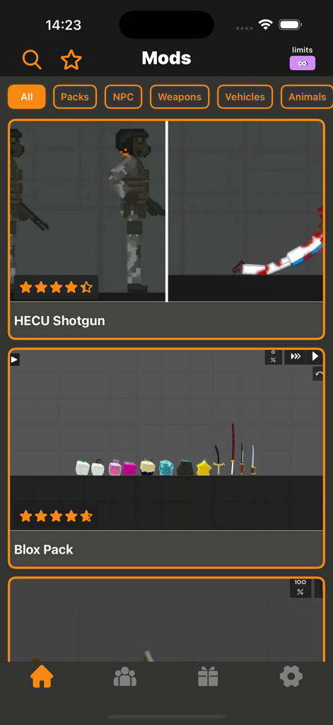 Fruit Mods for Fruit PG! - Screenshot of the mods selection screen in Fruit Mods for Fruit PG showing weapon and character packs