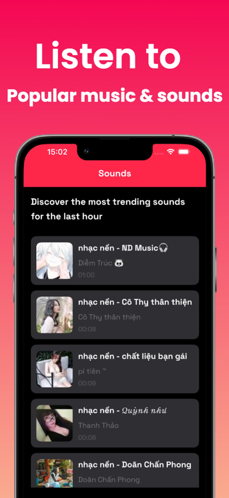 SnapTik app screen showing a list of popular music and viral sounds for short-form videos.