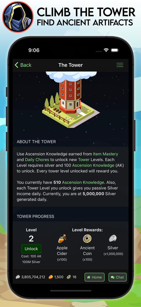 Farm RPG: Semi-Idle MMORPG - L'interfaccia della Torre in Farm RPG che mostra le ricompense di livello e i requisiti di conoscenza dell'ascensione.