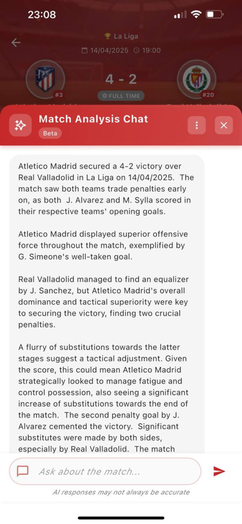Fut Ao Vivo: dahora - AI chatbot interface in the Footastic app showing detailed soccer match analysis and tactical insights