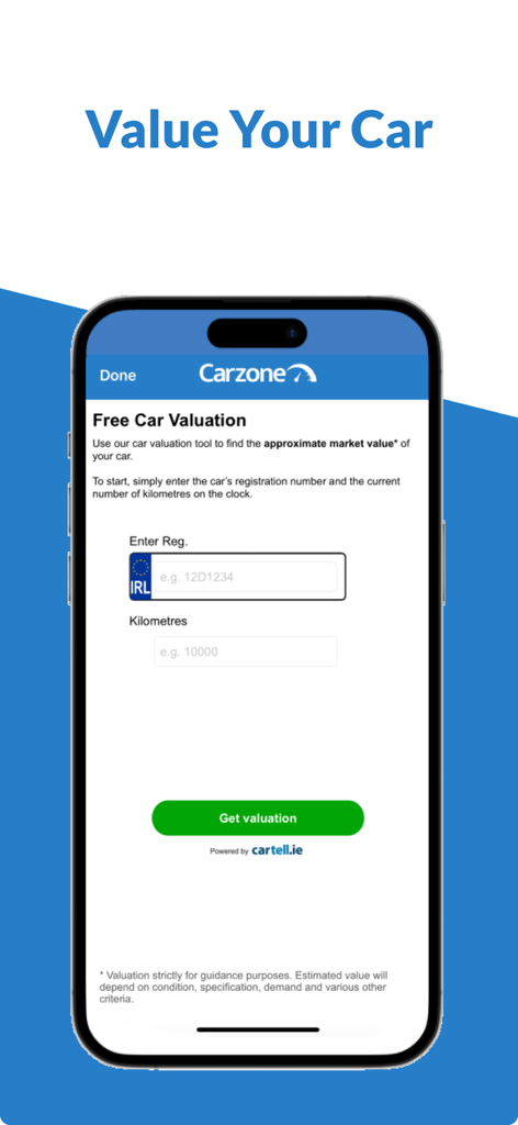 Carzone app interface for a free car valuation in Ireland using vehicle registration and mileage