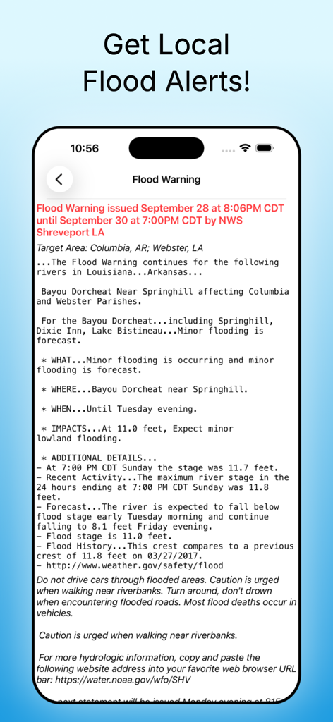 An iPhone screen displaying a detailed NWS flood warning message within the Rivercast app.