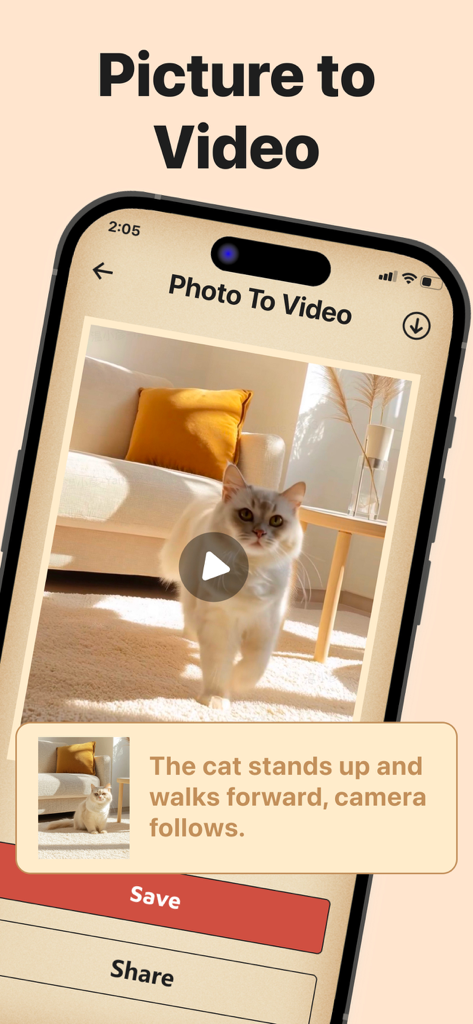 텍스트 프롬프트로 애니메이션 비디오로 변환되는 흰 고양이 사진을 보여주는 Photo Revive AI의 모바일 앱 인터페이스.