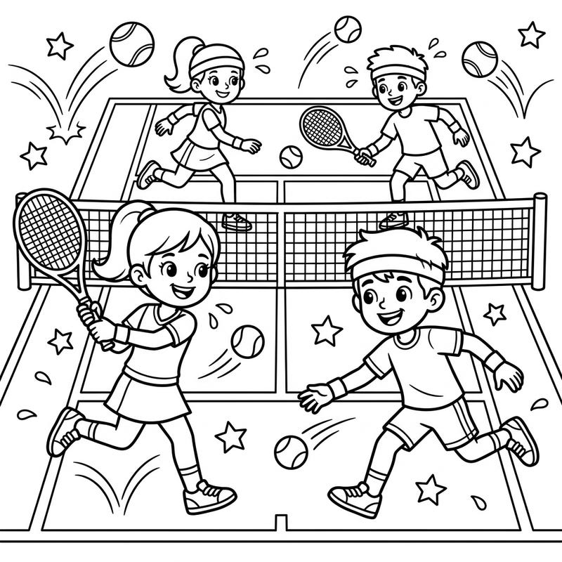 Immerse yourself in the exciting world of junior tennis with this vibrant coloring page featuring young athletes in action. Capture the energy and spirit of the game as you bring these cheerful players to life with your favorite colors.