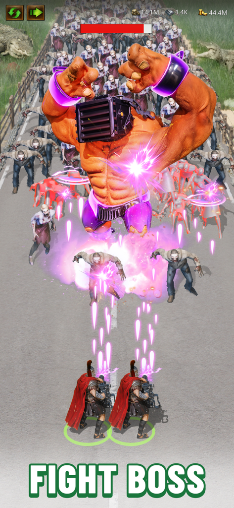 Evony - Two soldiers in red capes shooting projectiles at a giant orange boss monster and a zombie horde