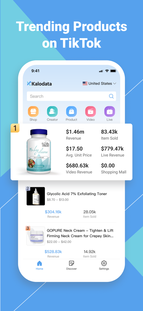 Interfaccia dell'app Kalodata che mostra i prodotti più di tendenza su TikTok Shop con metriche dettagliate su ricavi e vendite