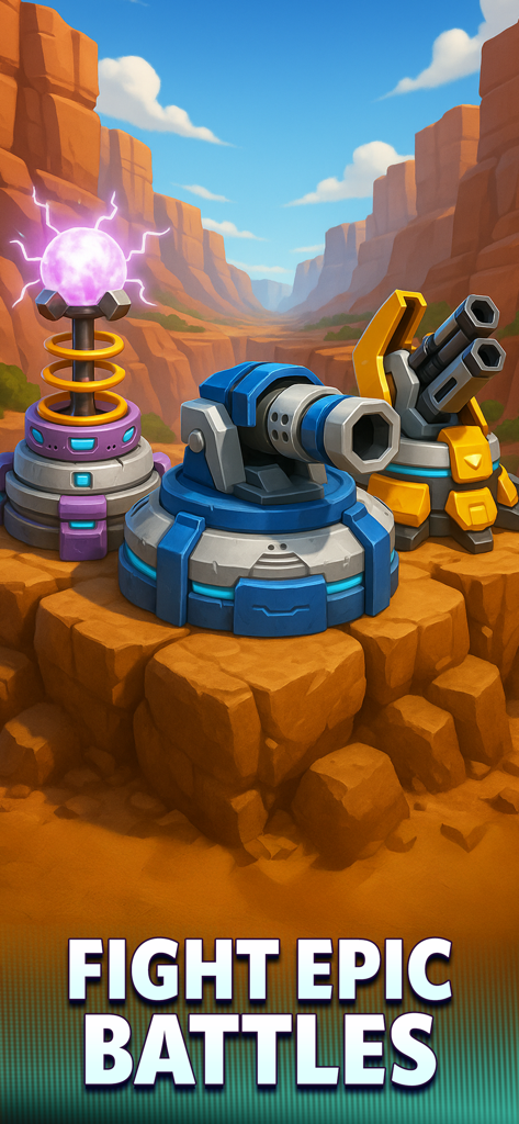 Raid Rush: Tower Defense TD - tres torres de defensa diferentes en un paisaje de cañón desértico con el texto lucha en batallas épicas