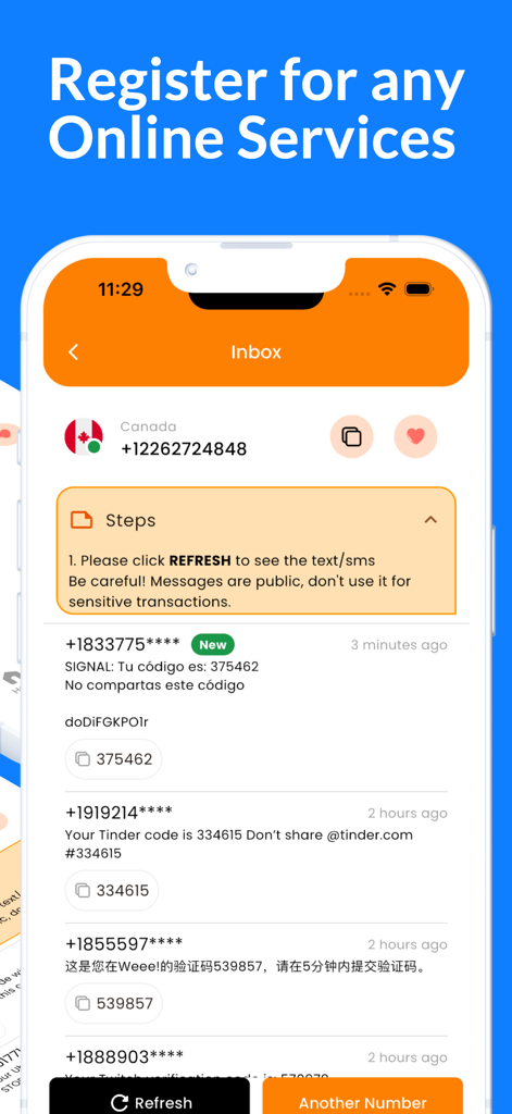 Receive SMS Online Temporary - Mobile App Inbox mit empfangenen SMS-Verifizierungscodes für Online-Dienste auf einer virtuellen kanadischen Nummer.