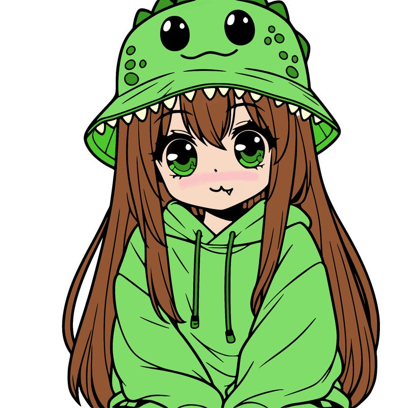 girl with anime shaped eyes with a dinosaur bucket hat oversized sweatshirt long straight hair