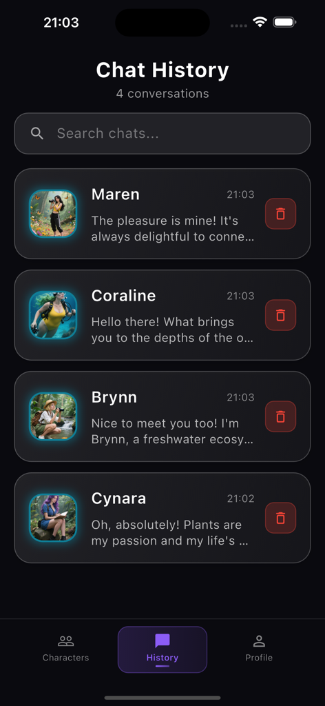 Winkly - The chat history screen of Winkly app featuring messages from virtual nature explorers