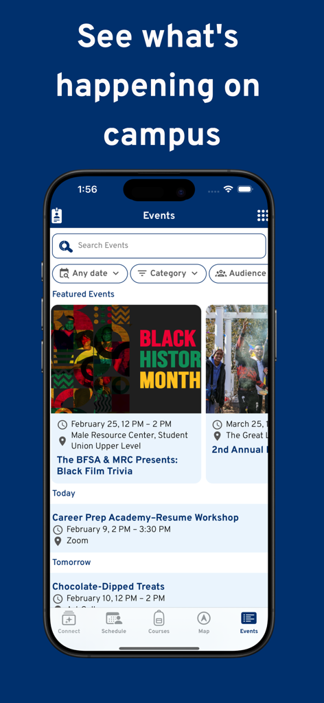 A mobile screenshot of the QCC Connect app's events page showing a list of campus activities such as workshops and film trivia.