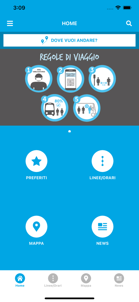 APAM mobile+ - Schermata principale dell'app APAM mobile plus con navigazione dei trasporti e regole di viaggio