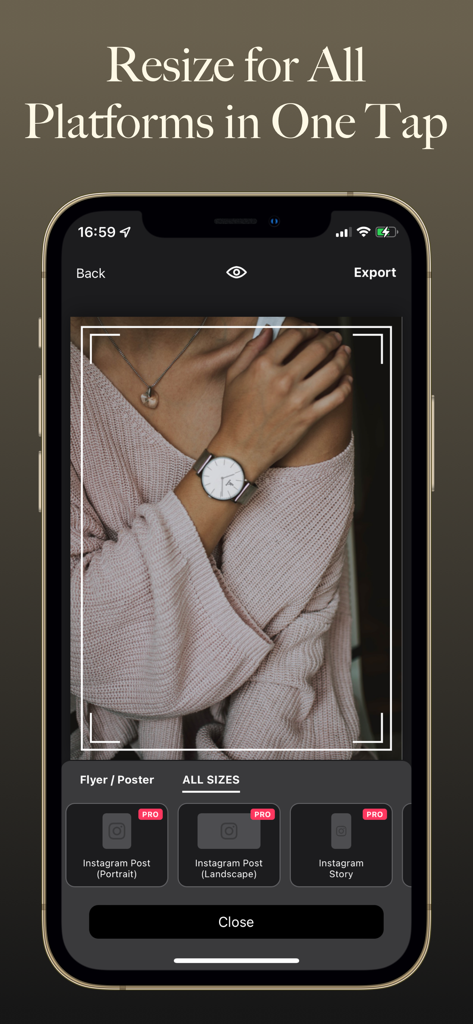 Instagram 및 TikTok과 같은 다양한 소셜 미디어 플랫폼에 대한 원탭 크기 조절 도구가 있는 Shox 앱을 보여주는 스마트폰 인터페이스