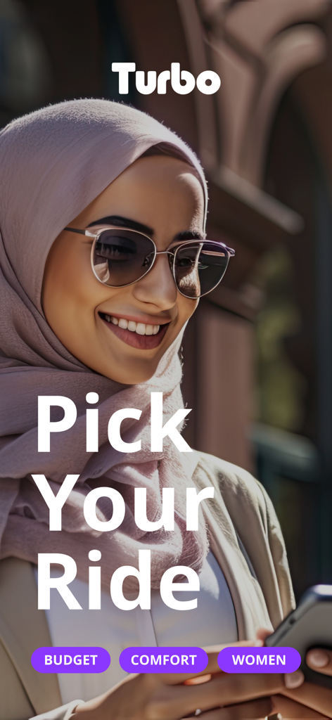 توربو | Turbo: Request a Ride - A woman smiling while looking at her phone with the Turbo app screen showing ride options for Budget, Comfort, and Women.