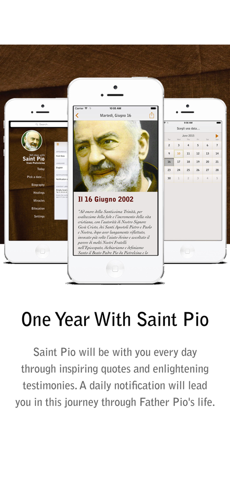 365 Days With Saint Pio - 毎日の証言カレンダーやメニューを含む「聖ピオと過ごす365日」アプリのインターフェースを表示した3つのモバイル画面