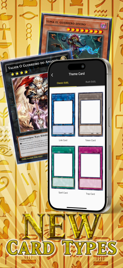 Card Maker Creator for YugiOh - A smartphone screen showing different YuGiOh card templates like Link Spell and Trap cards with the text New Card Types